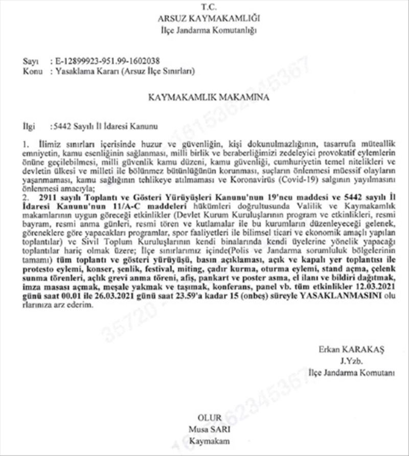 Arsuz´da 15 günlük korona yasağı